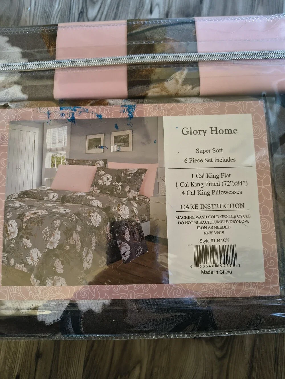 California King 6-Piece Sheet Set - Blush Pink and Gray Floral